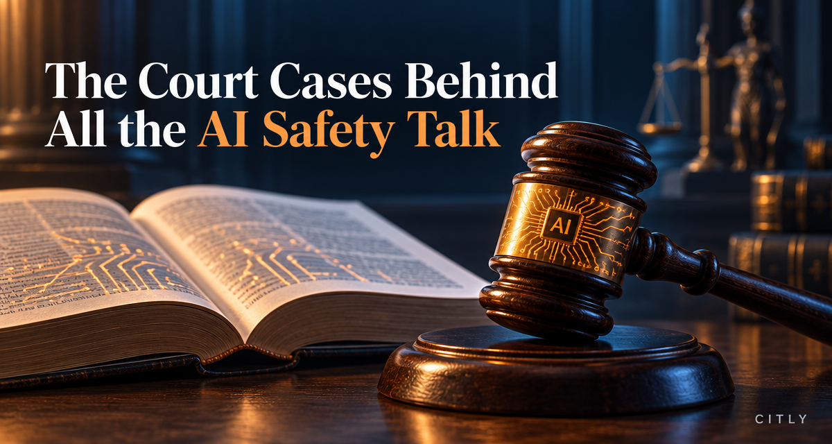 Cover illustration for The Court Cases Behind All the AI Safety Talk — a judge's gavel with a glowing AI circuit pattern resting beside an open law book