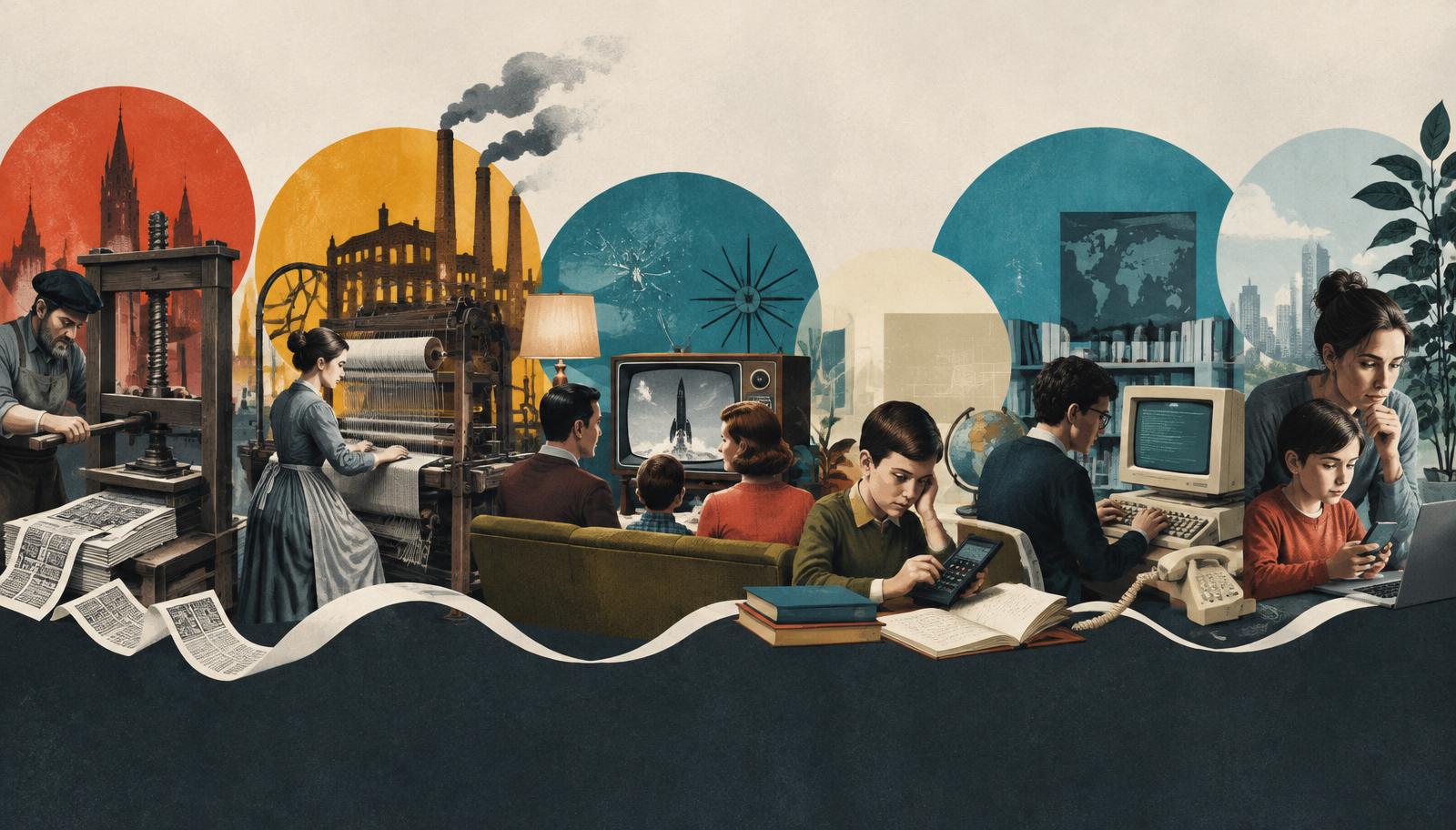 A visual timeline from the printing press and industrial loom through television, calculators and computers to a modern family using AI