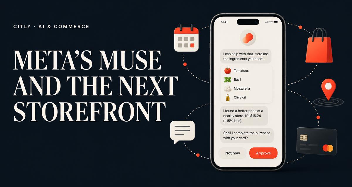 Editorial cover for Meta's Muse and the Next Storefront showing a personal AI agent coordinating shopping, messages, location and payment approval
