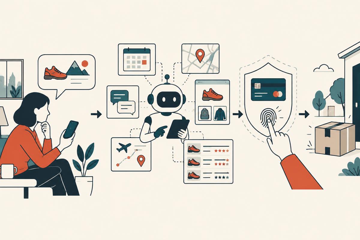 Illustration of a person's intent moving through an AI agent that coordinates shopping and planning before a protected payment approval and delivery